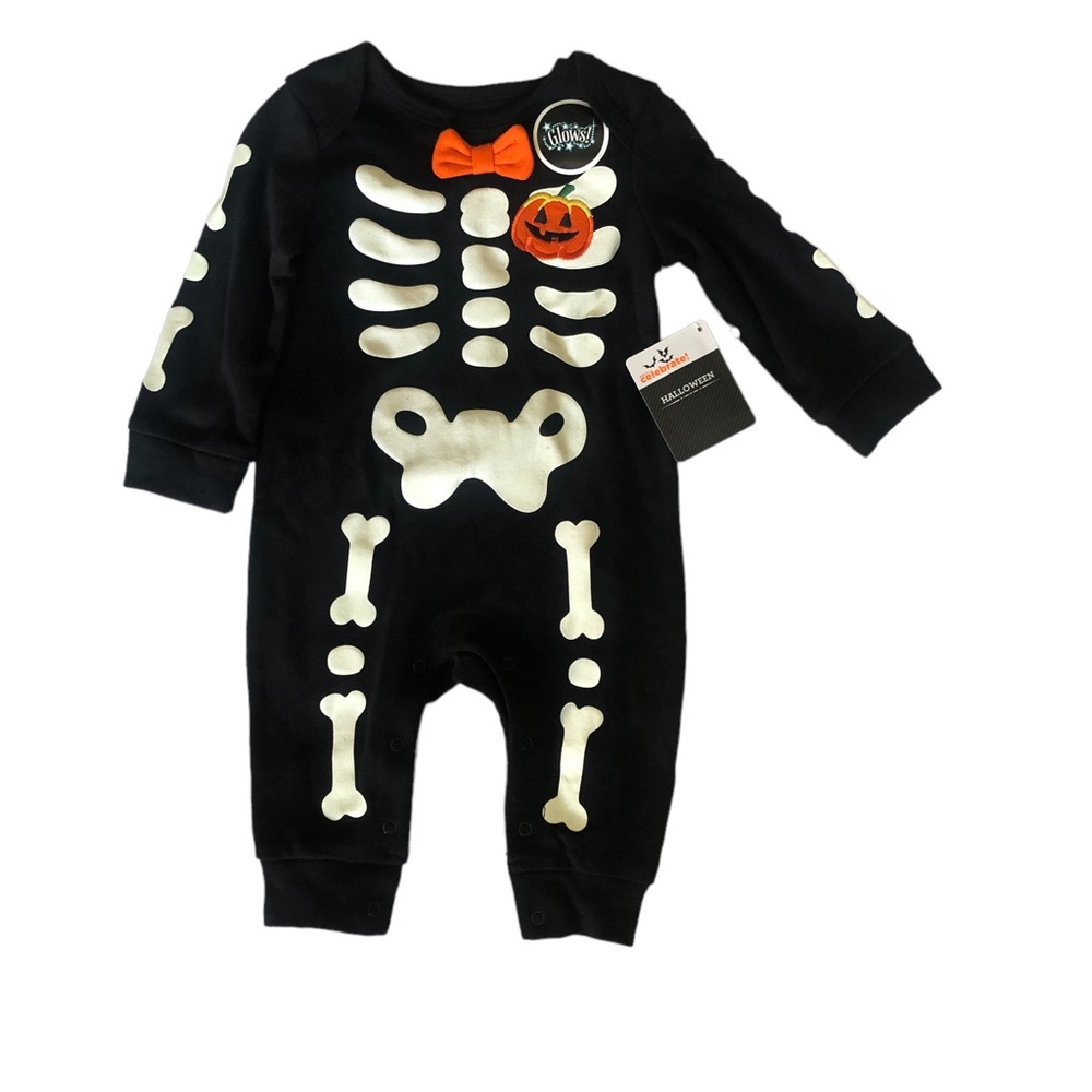 New Baby Skeleton Rompers. Glows in dark 🎃various sizes 1-9 mo and 18 mo. Avail